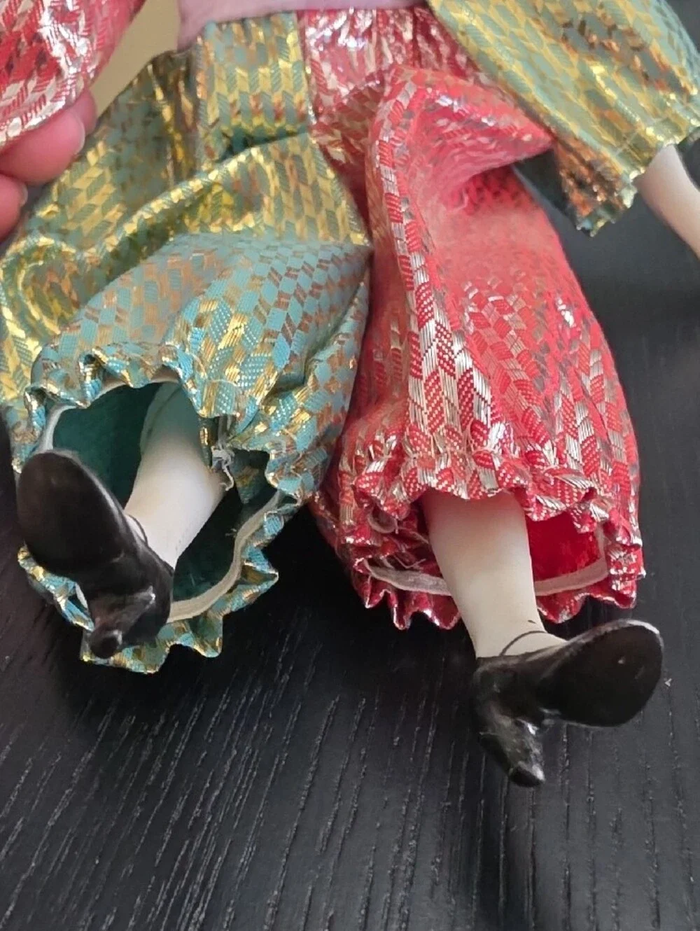 Porcelain Clown Doll in Pink, Green and Gold Harlequin Costume